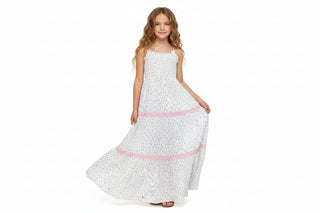 Pink rose smocked maxi dress from Flowers By Zoe, featuring a flowy silhouette and floral print, perfect for summer occasions.