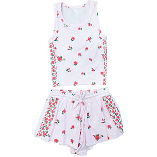Pink and red flower print tank top from Flowers By Zoe featuring a sleeveless design and vibrant floral pattern.