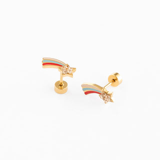 Pip Pop Post Earrings - Shooting Star
Gold earrings with rainbow design on a white background