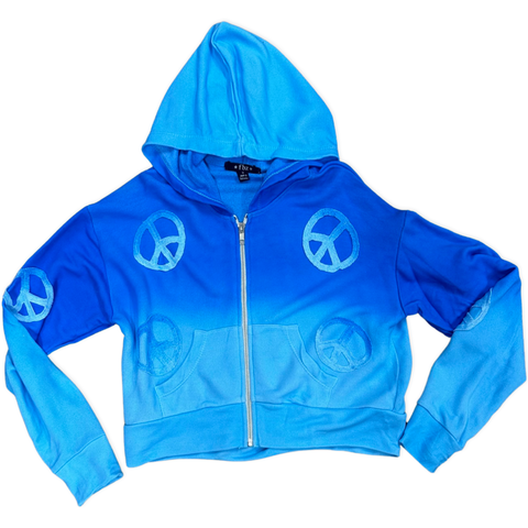 FBZ Peace Sign Ombre Turquoise Zip Up Hoodie, Flowers By Zoe, cf-size-5, cf-type-shirts-&-tops, cf-vendor-flowers-by-zoe, FBZ, FBZ Hoodie, Flowers By Zoe, Flowers by Zoe Hoodie, Flowers by Zo
