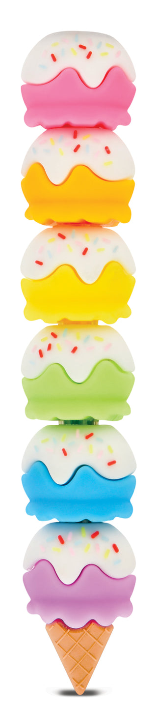 Iscream Ice Cream Stackable Markers Stack of colorful ice cream cone and donut erasers with sprinkles on a white background