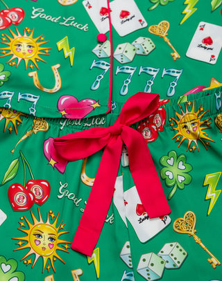 Kids' Sunshine Society Lucky silky short sleeve pajama set, featuring a playful design with soft fabric and comfortable fit.