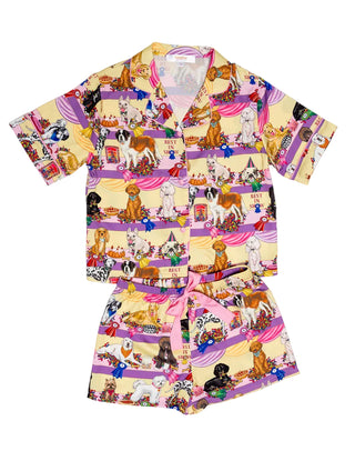 Sunshine Society Kids Silky Short Sleeve Pajama Set with playful Best In Show print, soft fabric, and comfortable fit for children.