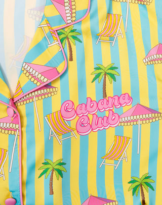 Bright kids' silky short sleeve pajama set from Sunshine Society, featuring a colorful cabana club design on soft fabric.