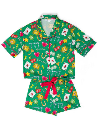 Kids wearing Sunshine Society Lucky Silky Short Sleeve Pajama Set, featuring soft fabric and a colorful design.