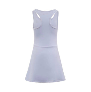 Lavender Heart Scuba Tennis Dress by Lola & The Boys, displayed on a hanger with a fitted silhouette and heart-shaped pattern.