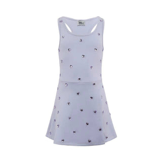 Lavender Lola & The Boys Heart Scuba Tennis Dress with a playful heart pattern, sleeveless design, and fitted silhouette.
