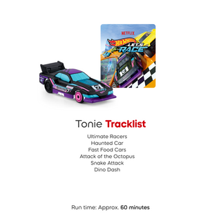 Tonies Character - Hot Wheels
Toy car with Netflix 'Let's Race' packaging and Tonie Tracklist on a white background