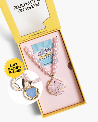 Super Smalls Sparkle Shell Lipgloss Locket necklace with a shiny shell pendant containing a clear lip gloss inside.