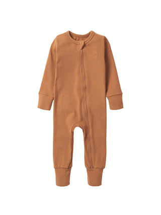 Little Bipsy 2-Way Zip Romper - Chestnut
Brown baby onesie on a white background
