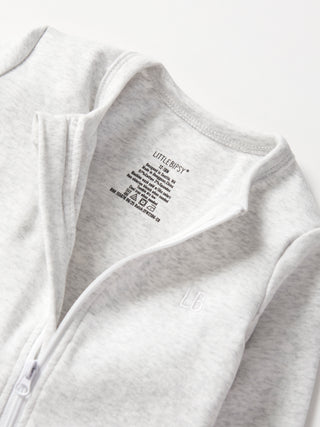 Little Bipsy 2-Way Zip Romper - Light Heather Grey
Close-up of a gray jacket with a brand label on a white background