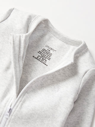 Little Bipsy 2-Way Zip Romper - Light Heather Grey
Gray fleece jacket with a brand label on a white background