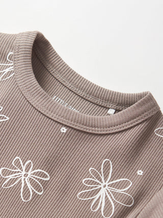 Little Bipsy Floral Ribbed Lettuce Trim Tee - Mushroom