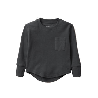 Little Bipsy Waffle Top - Shadow
Dark gray long-sleeve shirt with a pocket on a white background