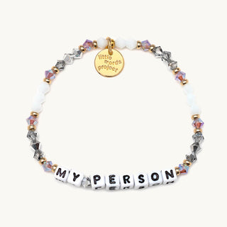 Little Words Project Bracelet - Friendship: My Person
Bracelet with colorful beads and letter tiles spelling 'MY PERSON' on a white background