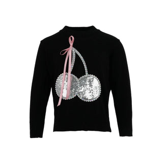 Lola and The Boys Crystal Cherry Sweater
Black long-sleeve top with silver sequin cherries and pink ribbon on a white background