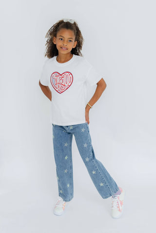 Lola and The Boys Crystal Stars Jeans Child wearing a white t-shirt with a red heart design and blue jeans on a white background
