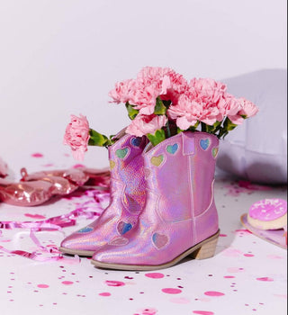 Lola and The Boys Pink Iridescent Heart Cowgirl Boots