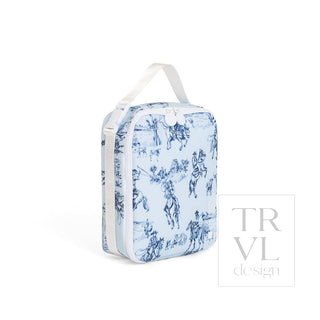 TRVL Designs Lunch Box Insulated Lunch Bag - Cowboy Toile
A light blue and white toile de Jouy patterned lunch bag with a white top handle, shown on a clean white background with a 'TRVL design' watermark in the lower right.