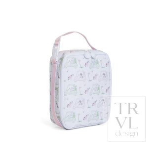 TRVL Designs Lunch Box Insulated Lunch Bag - Putt Putt Pink
A light purple travel pouch with a pink handle and zipper trim, featuring a repeating pattern of small green and pink illustrations. The pouch is shown on a clean white background with a 'TRVL design' watermark in the bottom right corner.