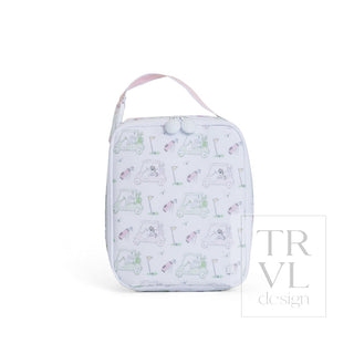TRVL Designs Lunch Box Insulated Lunch Bag - Putt Putt Pink
A light lavender insulated lunch bag with a repeating pattern of golf carts, golf balls, and golf clubs in pastel pink and green. It features a top handle and a snap-button closure, shown against a plain white background with a 'TRVL design' watermark overlay.