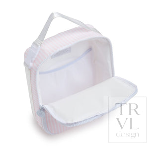 TRVL Designs Lunch Box Insulated Lunch Bag - Ribbon Floral Pink
White toiletry bag with pink stripes on a white background, featuring the TRVL design logo.