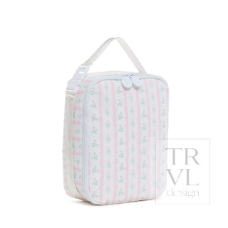 TRVL Designs Lunch Box Insulated Lunch Bag - Ribbon Floral Pink
Small rectangular pouch with pink and white striped pattern on a white background, featuring 'TRVL design' branding.