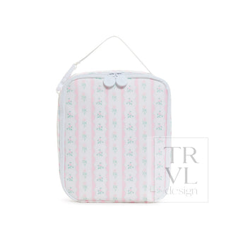 TRVL Designs Lunch Box Insulated Lunch Bag - Ribbon Floral Pink
Pink and white striped pouch with floral pattern on a white background, featuring the brand 'TRVL design'.