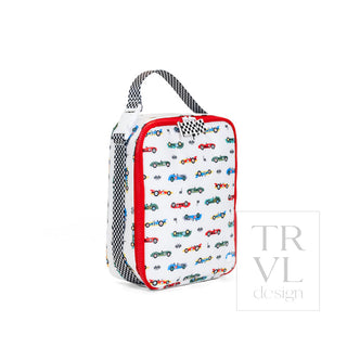TRVL Designs Lunch Box Insulated Lunch Bag - Vroom
Travel pouch with car pattern on a white background, featuring the brand 'TRVL design'.