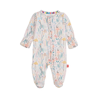 Magnetic Me  Shroom And Bloom Modal Footie with Ruffle
Baby onesie with floral and animal pattern on a white background