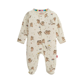 Magnetic Me Where The Wild Things Are Right Fit Footie Baby onesie with animal print on a white background
