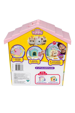 Little Live Pets™ Kitty’s Home Minis with Buildable House
Back view of a Little Live Pets toy packaging with pink roof and yellow body.