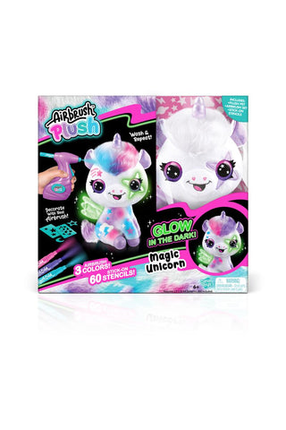 Colorful glow-in-the-dark unicorn plush toy from License 2 Play's Airbrush Plush™ Magic Unicorn Kit, featuring vibrant details.