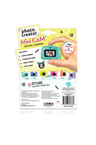 Photo Creator Mini Camera for Kids
Photo Creator Mini Cam digital camera packaging with a hand holding the camera on a white background