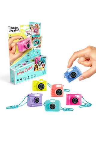 Photo Creator Mini Camera for KidsColorful mini cameras with packaging and a hand holding one camera.