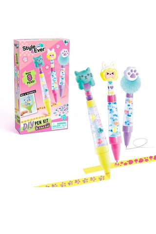 Kawaii Style 4 Ever DIY Pen Set with Customizable Toppers & Beads
Pen kit with colorful pens and decorative elements, including a box labeled 'Style Ever'.