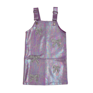 MIA New York Rhinestone Bow Overall Dress - Iridescent Purple Purple iridescent pinafore dress with butterfly designs on a white background