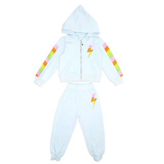 Mini Dreamers Miley Crystal Bolt Zip Up Hoodie and Sweatpant Set
Light blue tracksuit with rainbow lightning bolt designs on sleeves and pants against a white background