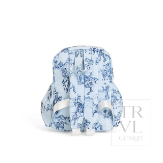 TRVL Designs Mini Backer - Cowboy Toile
A light blue and navy blue toile-patterned backpack shown from the back on a white background, featuring a white zipper and white straps.