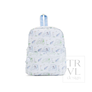 TRVL Designs Mini Backer -  Putt Putt
Backpack with a pattern of bottles on a white background, featuring the brand 'TRVL design'.