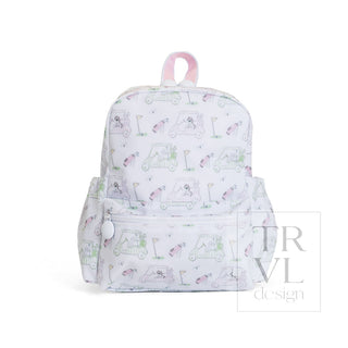 TRVL Designs Mini Backer - Putt Putt Pink
A white backpack with a pastel golf-themed print featuring golf carts, golf balls, clubs, and players. The backpack has a pink top handle, side pockets, and a front zippered pocket.