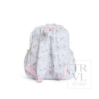 TRVL Designs Mini Backer - Putt Putt Pink
A white backpack with a pastel multicolor golf-themed print and pink straps, shown against a plain white background with a 'TRVL design' watermark.