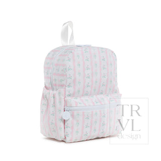 TRVL Designs Mini Backer - Ribbon Floral Pink
Pink and white striped backpack with floral pattern on a white background