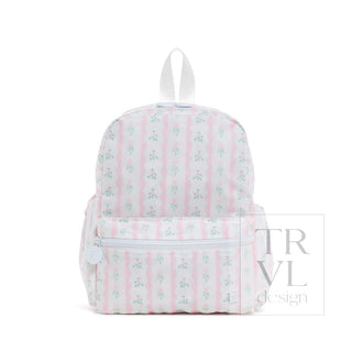 TRVL Designs Mini Backer - Ribbon Floral Pink
Pink and white striped backpack with floral pattern on a white background