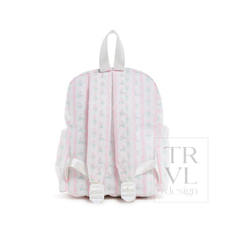 TRVL Designs Mini Backer - Ribbon Floral Pink
Pink backpack with white floral pattern on a white background, featuring the brand 'TRVL design'.