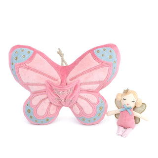 Mon Ami Tooth Fairy Pillow Set - Butterfly Pink butterfly-shaped pillow with 'Tooth Fairy' text and a small fairy doll on a white background