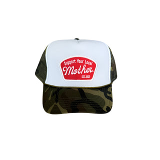 Support Your Local Mother Patch Hat by Mother Hats, featuring a camouflage design and adjustable fit.