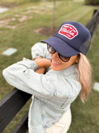 Navy Support Your Local Mother patch hat by Mother Hats, casual unisex cap with embroidered patch and adjustable strap.