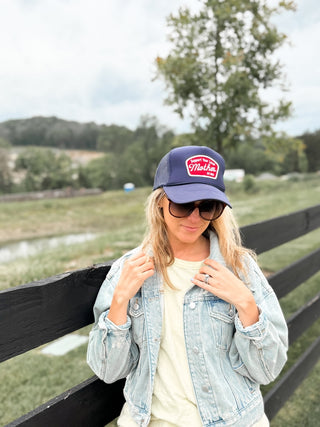 Navy support your local mother patch hat by Mother Hats with embroidered design, casual style, adjustable brim, and comfortable fit.