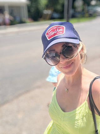 Navy support your local mother patch hat by Mother Hats, casual cap with embroidered patch, adjustable strap, and classic style.